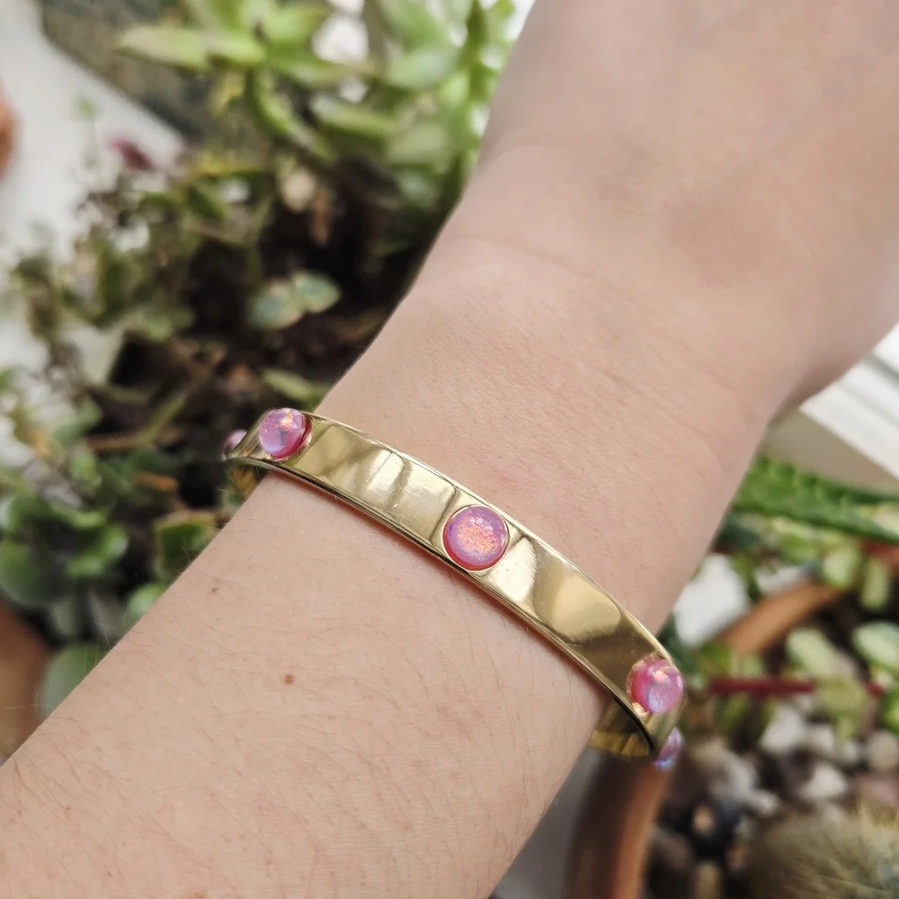 Vintage Gold Pink Triplet Opal Cabochon Bangle Bracelet